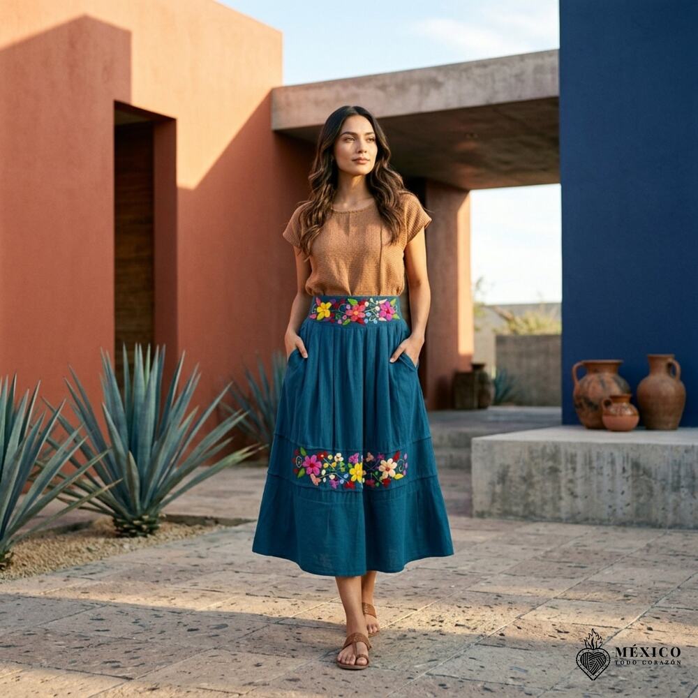 Mexican Turquoise skirt only  with side  pockets hand  embroidery bottom ruffle